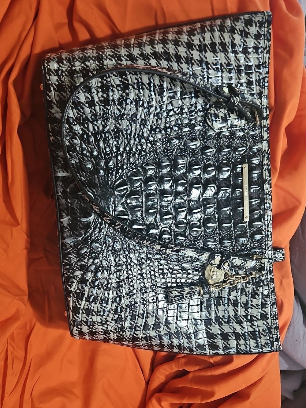 Brahmin Black Croc-Embossed Patent Shoulder Bag with Gold Hardware